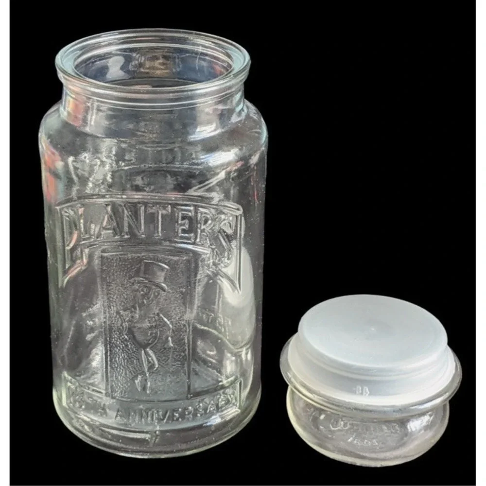 Vintage‎ 1981 75th Anniversary Planters Mr. Peanut Clear Glass Jar Lid Canister